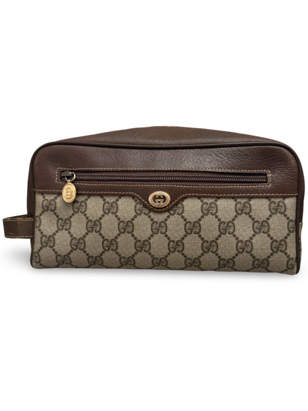 Vintage Gucci GG Supreme Monogram Toiletry Pouch Cosmetic Case Brown Leather Tri